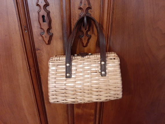 Wicker handbag, vintage woven wicker handbag, chi… - image 1