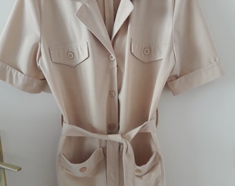 Vintage skirt suit set, jacket and skirt, light beige suede, 38/40, French vintage, 90s.