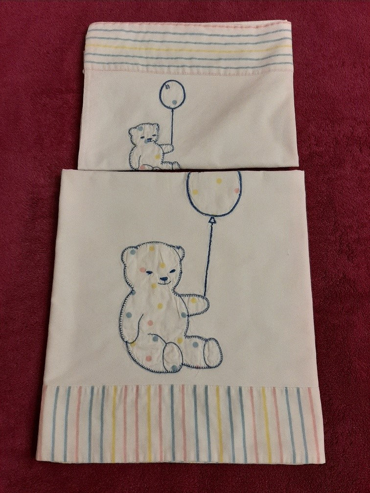 Parure de Draps Berceau, Landau, Couffin, Blanc, Habillage Motif Oursons, Vintage Français Des Année