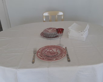 Nappe ancienne damassée en coton/lin blanc et 12 serviettes de table avec monogramme.