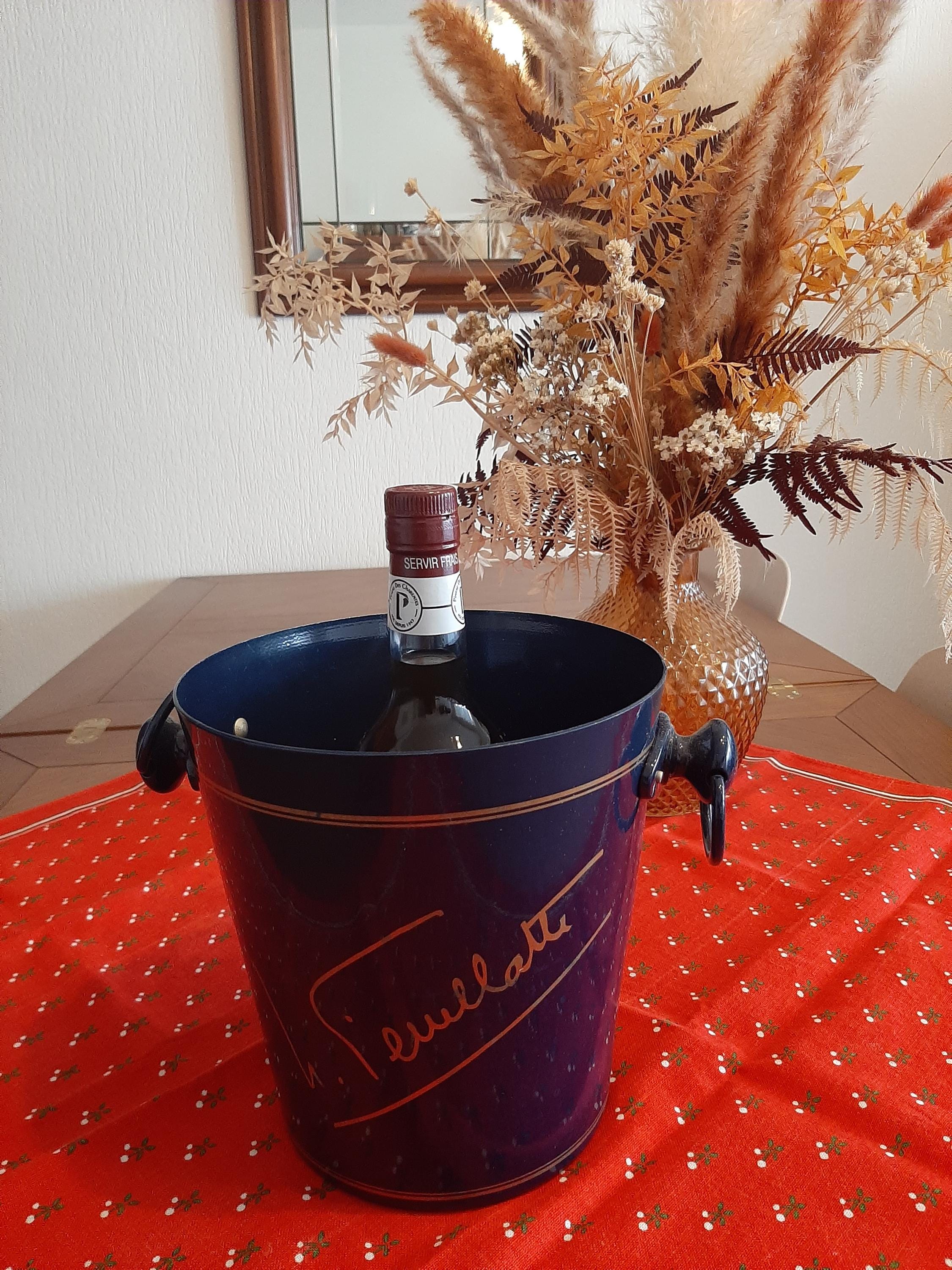 Vintage blue Nicolas Feuillatte champagne bucket, ice bucket, made in France 1980.