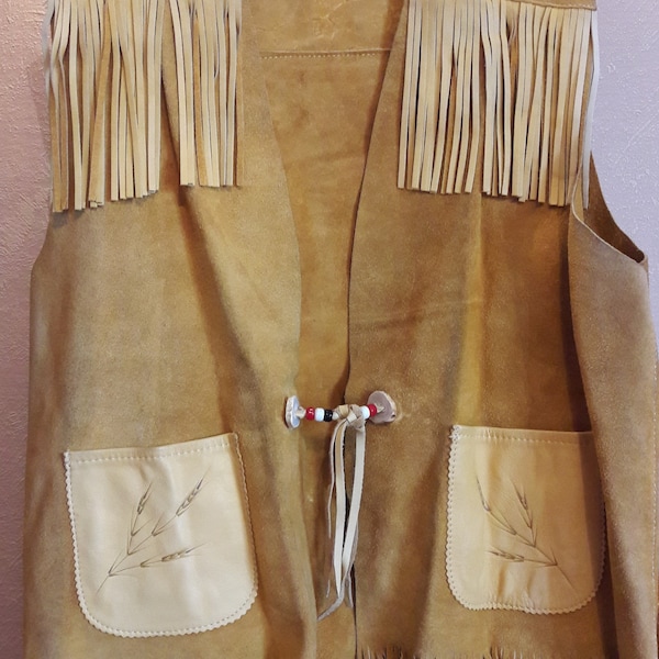 Gilet en daim à franges, veste sans manche en cuir, création artisanale, cowboy, western, Amérindien, vintage des années 90.