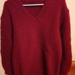 Hand knitted wool sweater, red/burgundy sweater, V-neck sweater, vintage 80s.