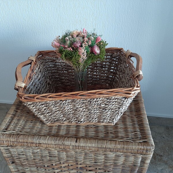 Grand Panier à Linge Vintage En Osier Gris Français - Avec Poignées - Ancien, Occasion