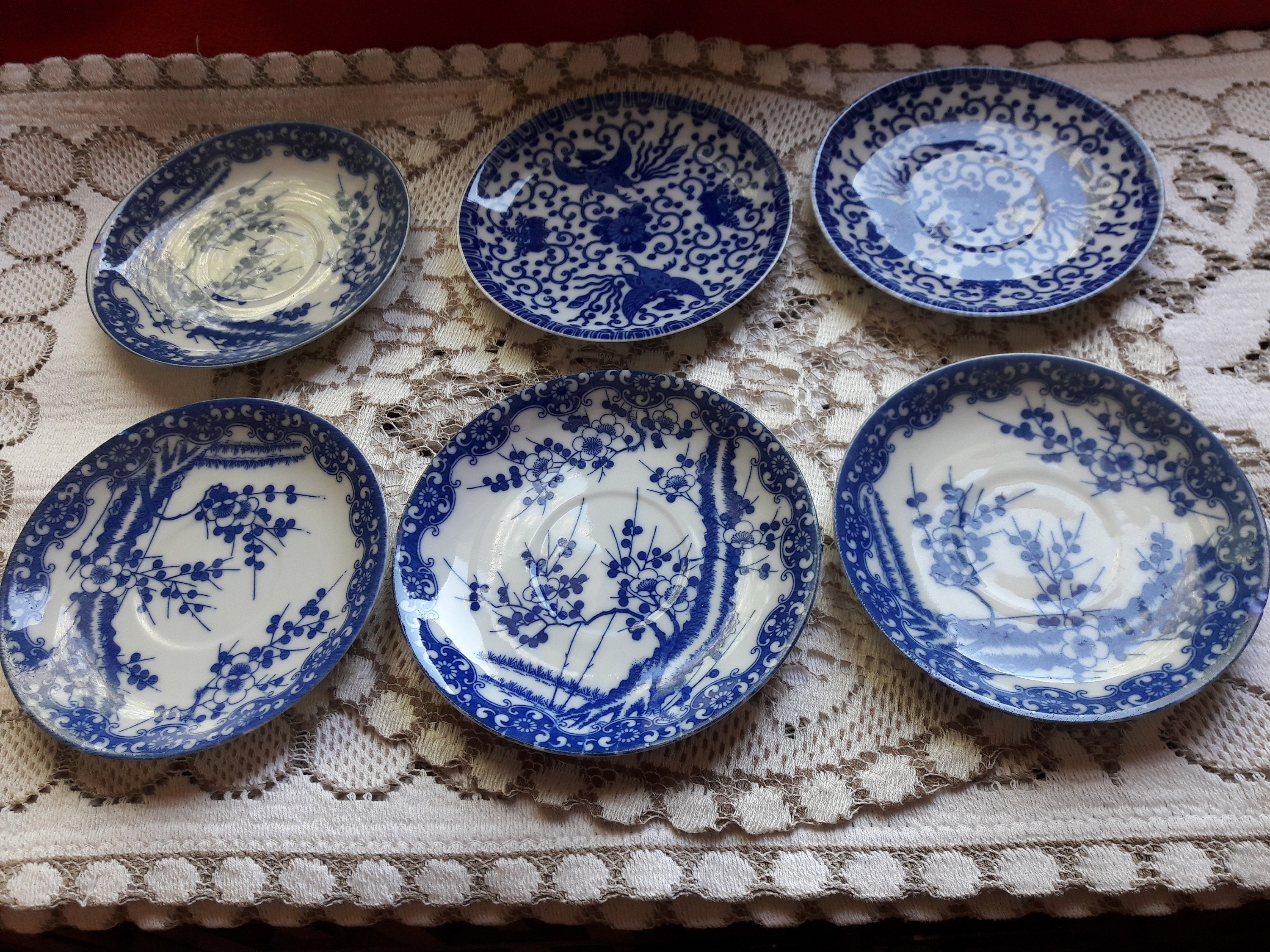 6 Sous Tasses à Thé Japonaises, Porcelaine Blanche avec Motifs Fleurs et Cerises Bleues, Vintage Ann