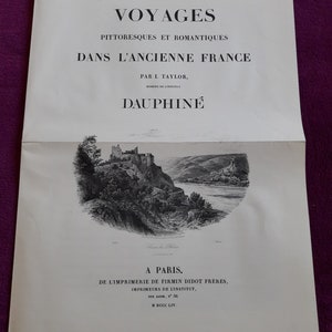 Vecchia incisione, manifesto pubblicitario, immagine pubblicitaria di Viaggio nell'antica Francia, regione del Delfinato, città di Grenoble in Francia.