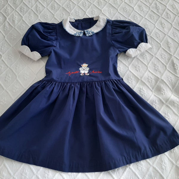 Robe bleu marine, robe col claudine, robe fille 5 ans, vintage 90's, robe fille style marin.