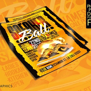 May include: A yellow and black flyer with the text "Scare Ball" and "June 22nd DJ Names Sat 2023" in bold black text. The flyer also includes the text "Ladies Free Hookah Kitchen Open" and "Club Name 1234 Main St. LA Cali 01331". The flyer has a picture of two yellow and black sneakers with flames coming out of them.