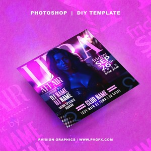 May include: A square flyer template with a purple and black design, featuring a woman's image and event details. The flyer promotes an event called "Lyra Affair" on Friday, September 26, 2025, from 8 PM to 2 AM.