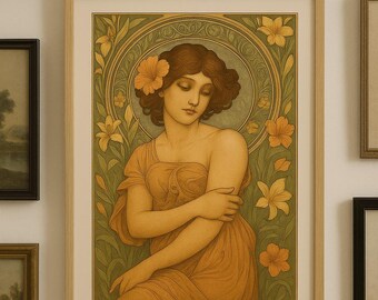 Art Nouveau Woman Floral Portrait Vintage Style Digital Wall Art Printable Download