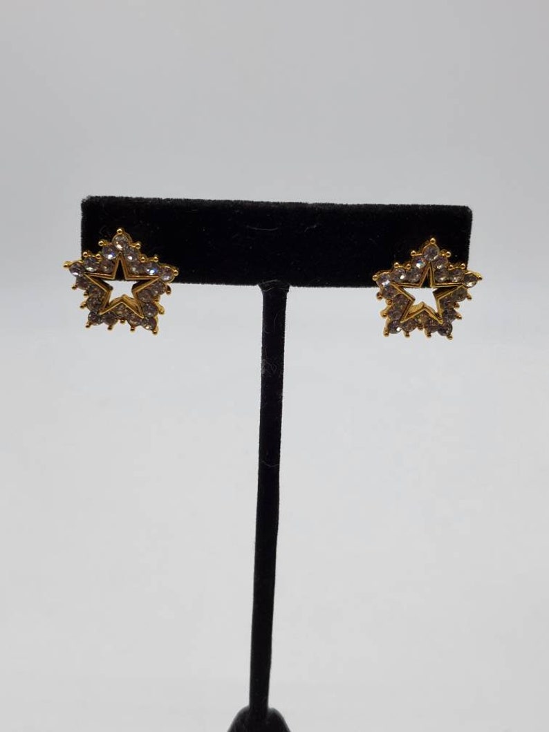 Vintage Estate New Designer Signed Kirks Folly Design Rhinestone Star Earrings Stud Post Statement Runway Fashion Jewelry Costume Jewelry