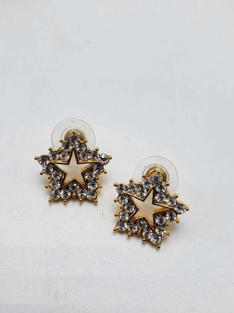 Vintage Estate New Designer Signed Kirks Folly Design Rhinestone Star Earrings Stud Post Statement Runway Fashion Jewelry Costume Jewelry