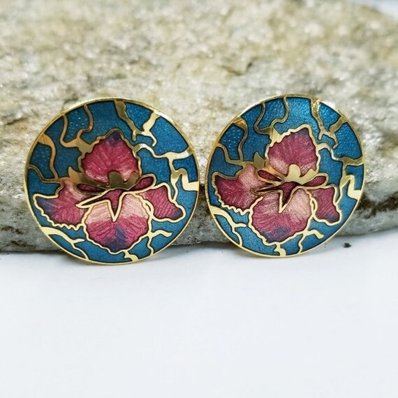 Orchid Vintage Cloisonne Flower Earrings Costume J