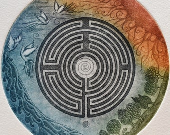 Labyrinth, Original Etching, Limited Edition Etching, Handmade Etching, Engraving, Colour Etching, Maze Etching, Round Etching       ng