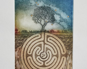 Labyrinth, Limited Edition Etching, Original Engraving, Hand Printed Etching, Fine Art Print, Symbolic Art, Wall Art