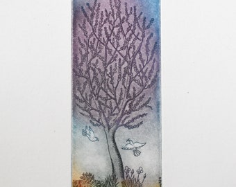 Spring Tree, colour etching, limited edition print, small engraving, wall hanging, wall art, home decor, engagement gift, wedding gift