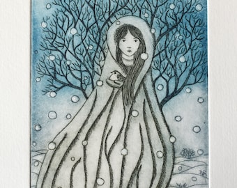 Winter Girl, Original Etching, Seasons, Wall Hanging, Wall Art, Engraving, Winter Time