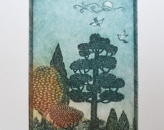 Pine Tree, Original Etching, Limited Edition Print, Colour Engraving, Wall Hanging, Christmas Gift, Wall Decor, Fine Art Print
