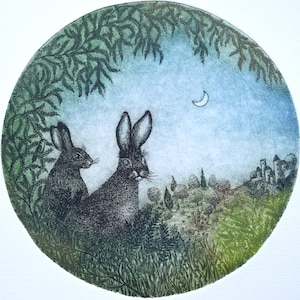 Rabbit Idyll, Etching, Original print, Engraving, Animal Art, Wall Hanging, Fine Art Print, Rabbit Art