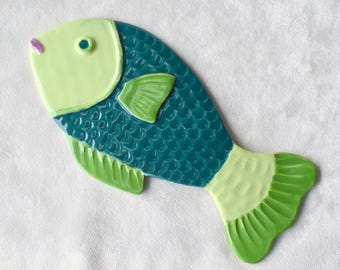 Handmade Ceramic Fish Wall Hanging: Green Art Pottery