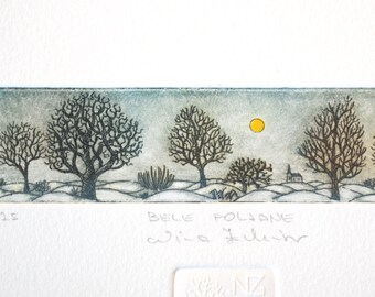 White Meadows, original etching, limited edition engraving, wall art, winter, landscape, miniature art