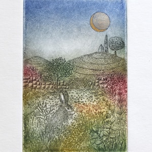 Hare and Moon Etching: Limited Edition Animal Art Print