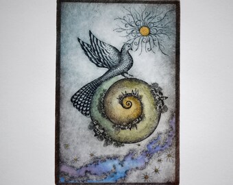 Celestial Bird, original etching, hand printed etching, limited edition print, engraving, celestial art, mystic art, symbolic art