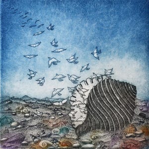 Può includere: Una stampa artistica raffigura uno stormo di uccelli che si librano da una grande conchiglia strutturata. L'opera presenta un cielo blu, una costa con conchiglie e sassi e un'elaborata linea, creando una scena serena ispirata alla natura.