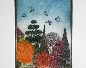 Park, Original Etching, Wall Art, Small Art Print, Landscape, Engraving, A Gift forHim