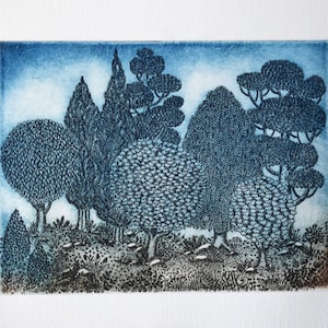 Acquaforte della foresta, edizione limitata, stampa paesaggistica, stampa murale a mano