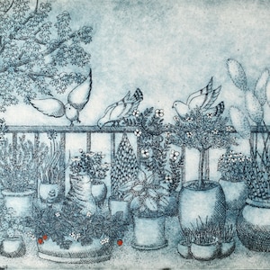 Giardino terrazzato, incisione in edizione limitata, arazzo da parete, stampa artistica, incisione, arte naturalistica, arte murale, arte di gatti e uccelli, piante in vaso