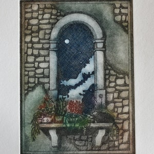 Cat in Moonlight: Original Handmade Etching, Limited Edition