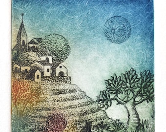 Full Moon Etching: Hand-Pulled Fine Art Print, Signed & Numbered