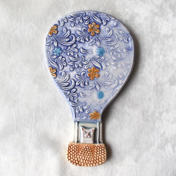 Handmade Ceramic Cat Wall Hanging: Floral Hot Air Balloon Decor