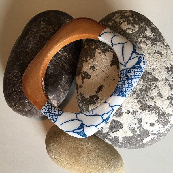 Navy Square Camellia Pattern Timber and Resin Wearable Art Bangle