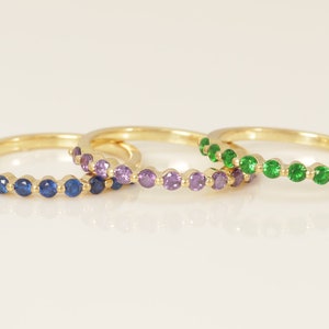 Shared Prong Gemstone Wedding Band, Gemstone Wedding Ring, Half Eternity Stackable Band, Minimalist Stacking Ring