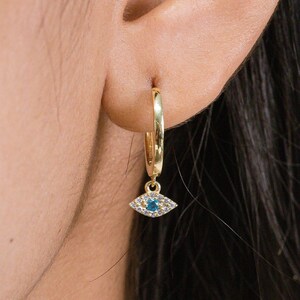 Evil Eye Blue Topaz Hoop Earrings, Dangle Drop Diamond Earrings, March Birthstone Earrings, Huggie Hoop Earrings, Protection Jewelry
