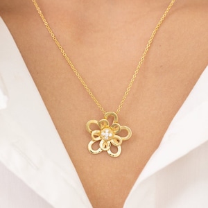 Diamond Flower Necklace, Dainty Flower Charm, Floral Pendant Gift for Her, Minimalist Flower Necklace for Women