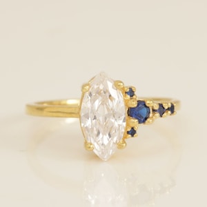 1.0 CT Marquise Cut Diamond Engagement Ring, Blue Sapphire Vintage Wedding Band, Promise Ring, Anniversary Ring Gift for Her