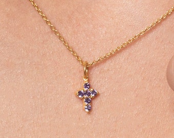 Amethyst Necklace / Tiny Cross Pendant for Women / February Birthstone Necklace / Religious Necklace Gift