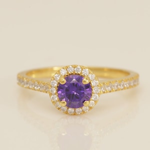 Diamond Halo Amethyst Engagement Ring, February Birthstone Ring, Vintage Style Amethyst Ring, Bridal Promise Ring for Women