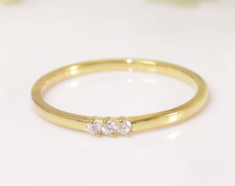 1.5mm Triple Stone Ring, 14K Solid Gold Thin Gold Stacking Ring, 3 Stone Minimalist Ring Gift for Her, Promise Ring