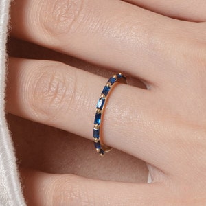 Baguette Blue Sapphire Wedding Ring, September Birthstone Ring, Half Eternity Baguette Sapphire Ring, Vintage Promise Ring Gift for Her
