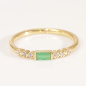 Baguette Emerald Ring, 14K Solid Gold Emerald Engagement Ring, Natural Diamond Stacking Ring, Genuine Emerald Ring