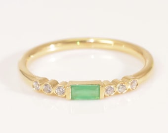 Baguette Emerald Ring, 14K Solid Gold Emerald Engagement Ring, Natural Diamond Stacking Ring, Genuine Emerald Ring