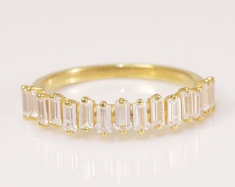 Anello nuziale con diamante Baguette, Anello con diamante in oro massiccio 14K, Anello con diamante impilabile Half Eternity per donne, Anello Baguette impilabile