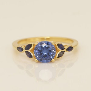 Art Deco Blue Sapphire Engagement Ring, September Birthstone Ring Gift for Her, Anniversary Ring, Bridal Promise Ring