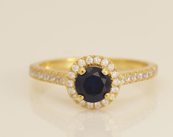 Blue Sapphire Diamond Halo Engagement Ring, September Birthstone Ring, Vintage Sapphire Promise Ring, Bridal Gift for Her