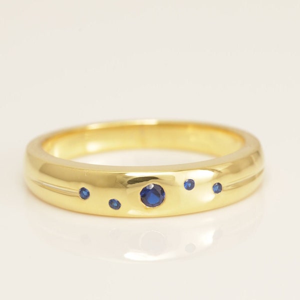 Flush Set Blue Sapphire Wedding Band, September Birthstone Ring, Bezel Set Blue Sapphire Wedding Ring, Anniversary Ring for Women