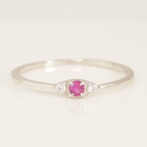 Minimalist Three Stone Ruby Ring, July Birthstones Ring, Dainty Wedding Band, Vintage  Ruby Ring, Diamond Engagement Ring